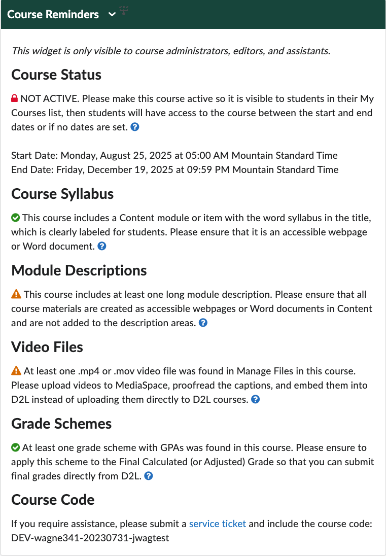 Course reminders widget for D2L course homepage